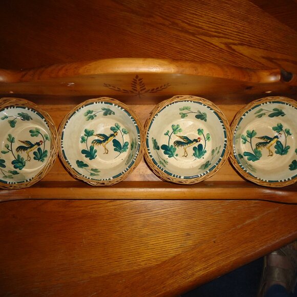 Vintage Hand painted 4 Bowls & wicker basket holders 5” Rooster Flower Japan - Picture 7 of 12